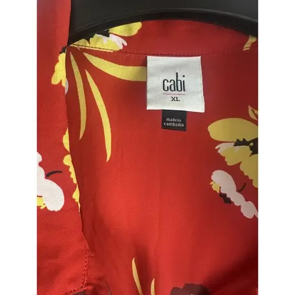 *Flawed* CAbi Afternoon Dress Floral Midi Red 6218 SS Shirt Dress Size XL Sheer - Picture 5 of 15